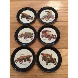VINTAGE SET 6 CLASSIC OLD CARS METAL COASTERS PLATES CADILLAC, FRANKLIN, WELCH